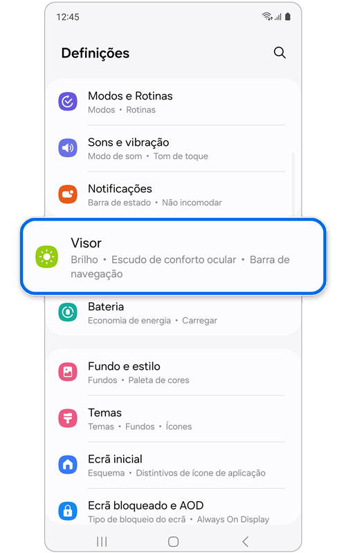 O visor é selecionado nas Definições.