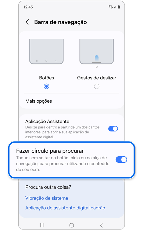 Ecrã com a funcionalidade Fazer um círculo para pesquisar ativada.