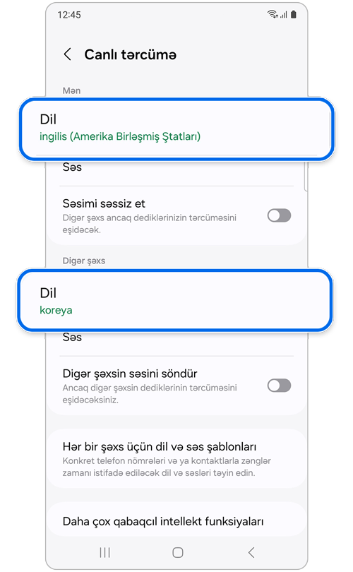 Canlı tərcümə parametrləri ekranı
