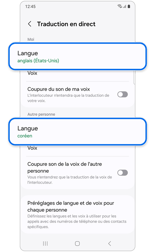Écran des paramètres de la traduction en direct