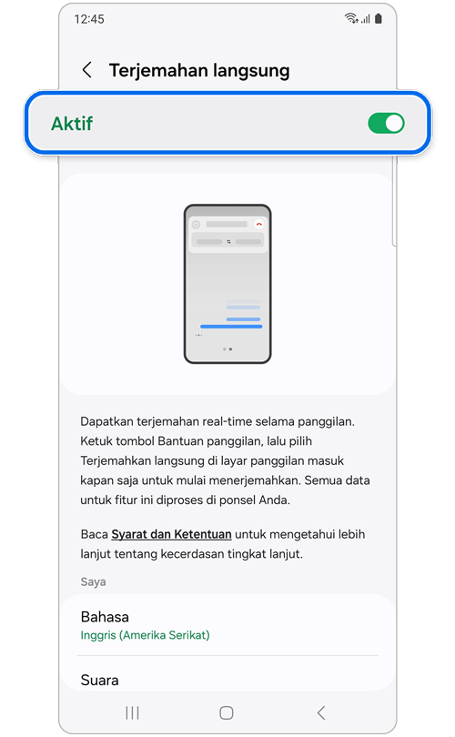 Layar Terjemahkan langsung Aktif