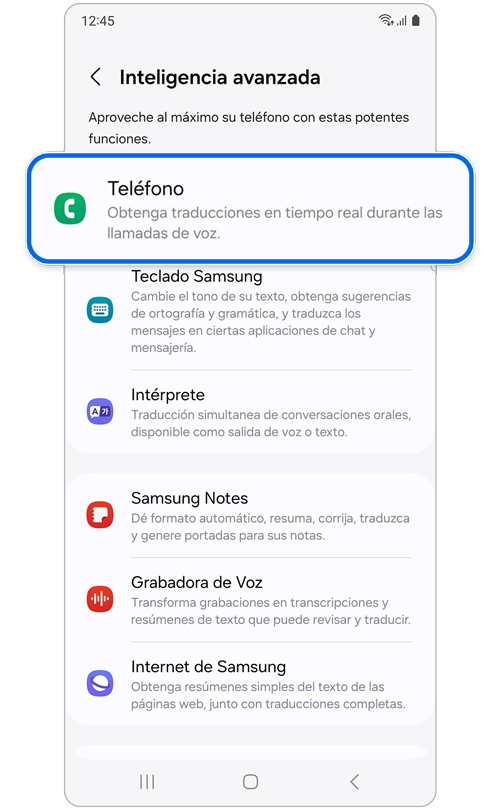 Pantalla de ajustes de inteligencia avanzada