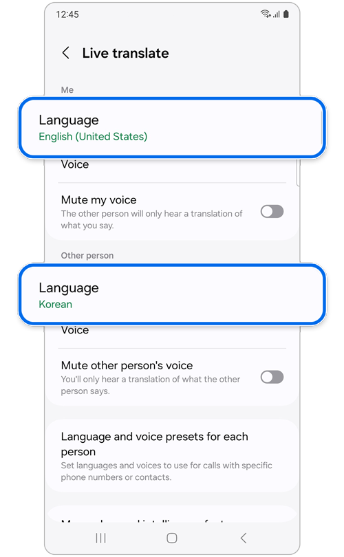 Live translate settings screen
