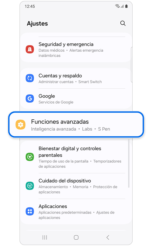 Pantalla de inicio de ajustes