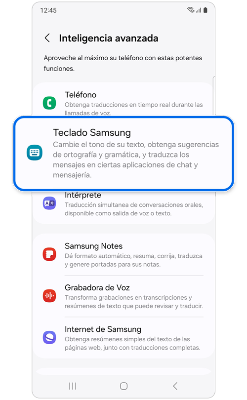 Pantalla de ajustes de inteligencia avanzada