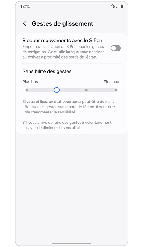 Options de configuration des gestes de balayage