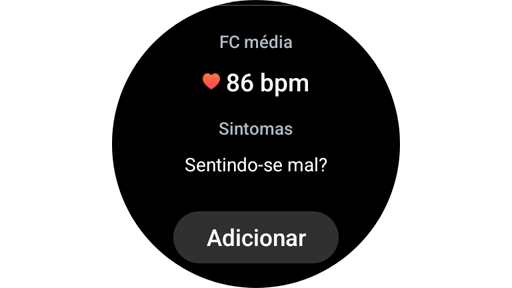 Opção de adicionar sintomas de ECG em um Galaxy Watch.