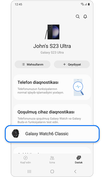 Samsung Members proqramının dəstək ekranı.