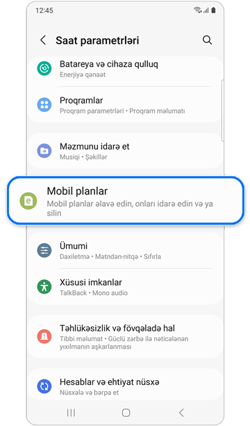 Saat parametrləri ekranı.