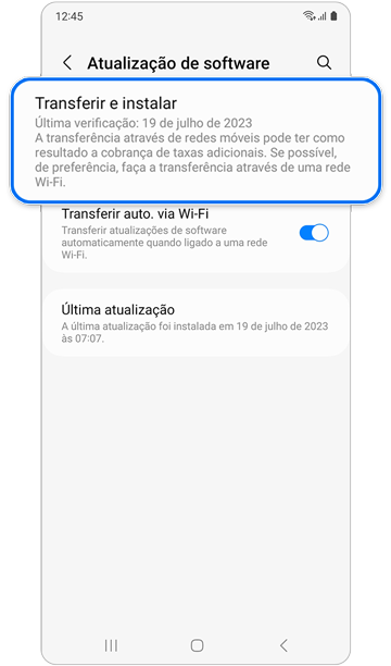 Ecrã de atualização de software no telemóvel Galaxy