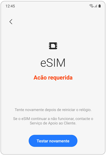 Ecrã de falha do eSIM no Galaxy.