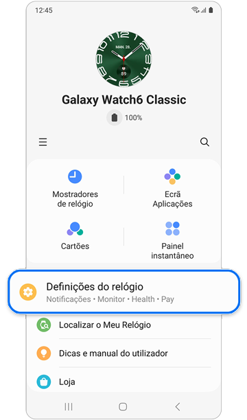 Ecrã inicial do Galaxy Watch.
