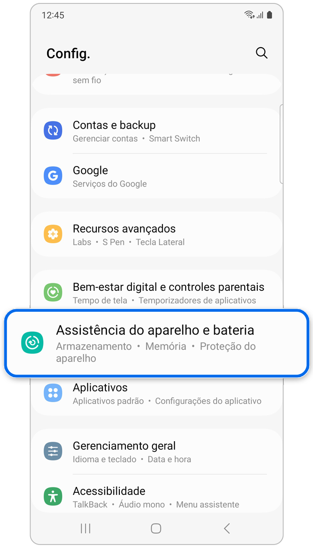 Opção de Assistência do aparelho e bateri nas Configurações.