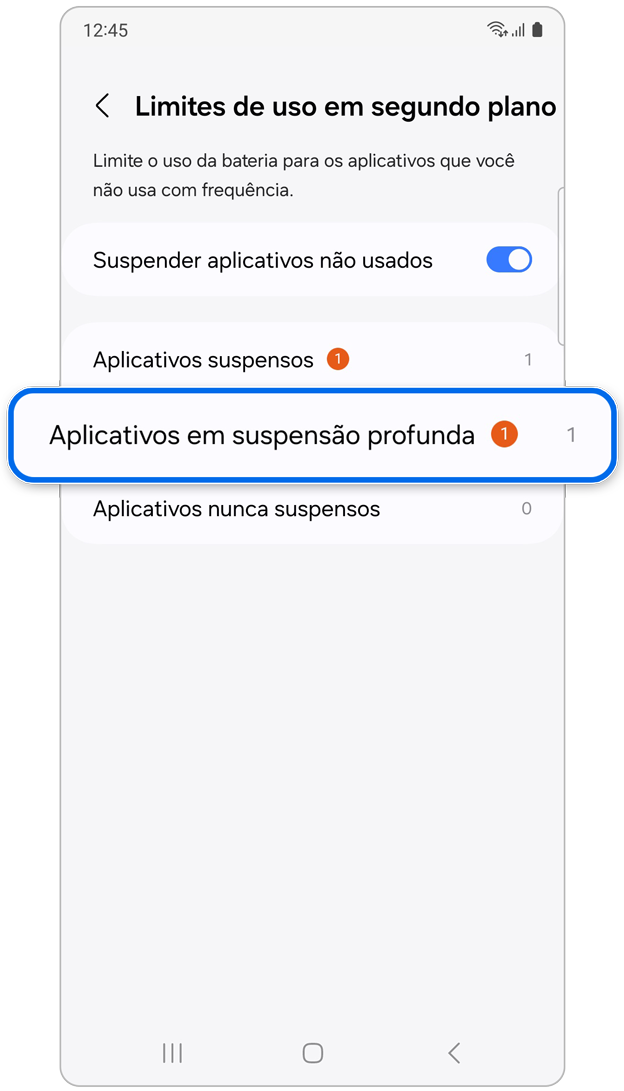 Opção de aplicativos em segundo plano nas limitações de uso.