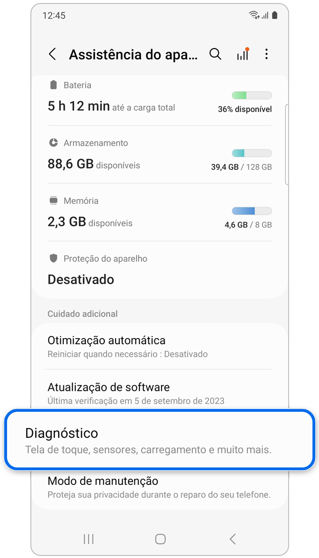 Opção de diagnóstico na Assistência do aparelho e bateria.