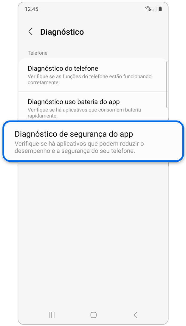 Diagnóstico de segurança do app no diagnóstico.