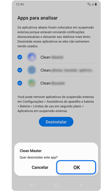 Confirmação de exclusão do aplicativo pop up.