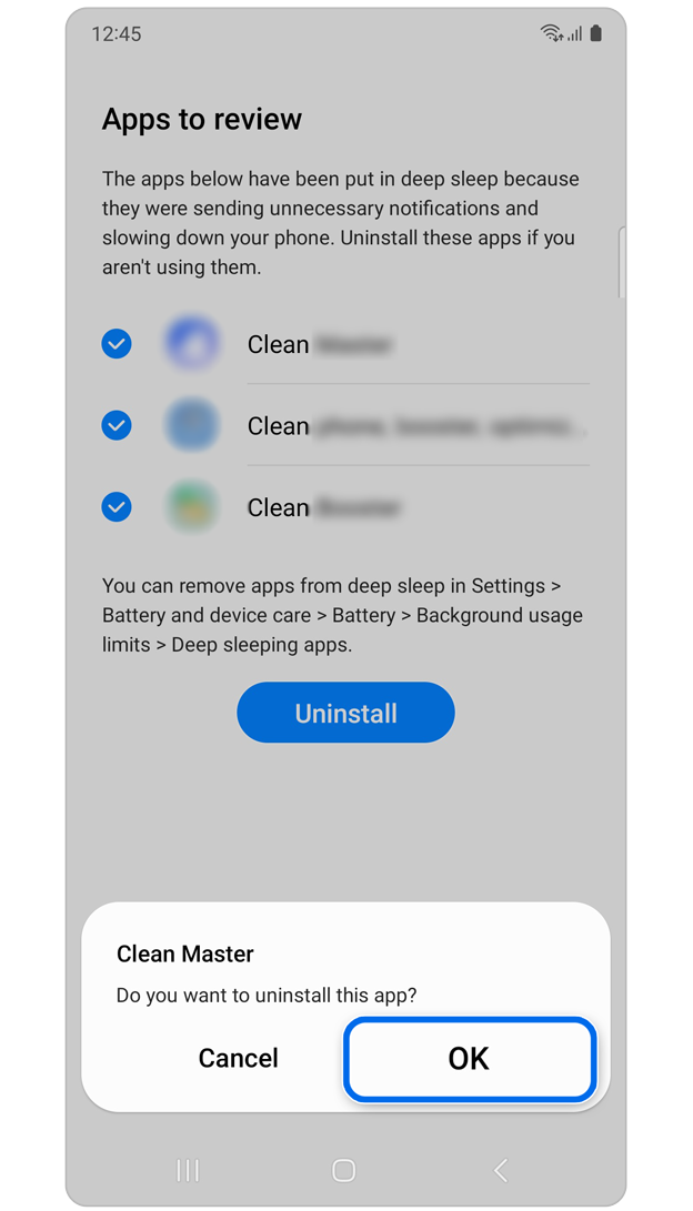 Deleting app confirmation pop up.