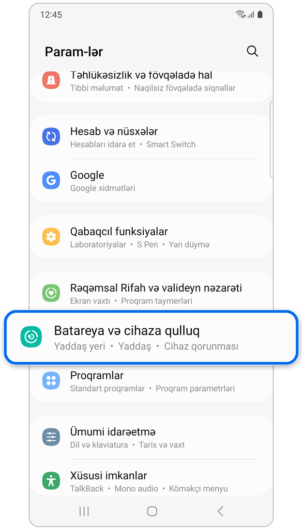 Parametrlərdə cihaza qulluq seçimi.