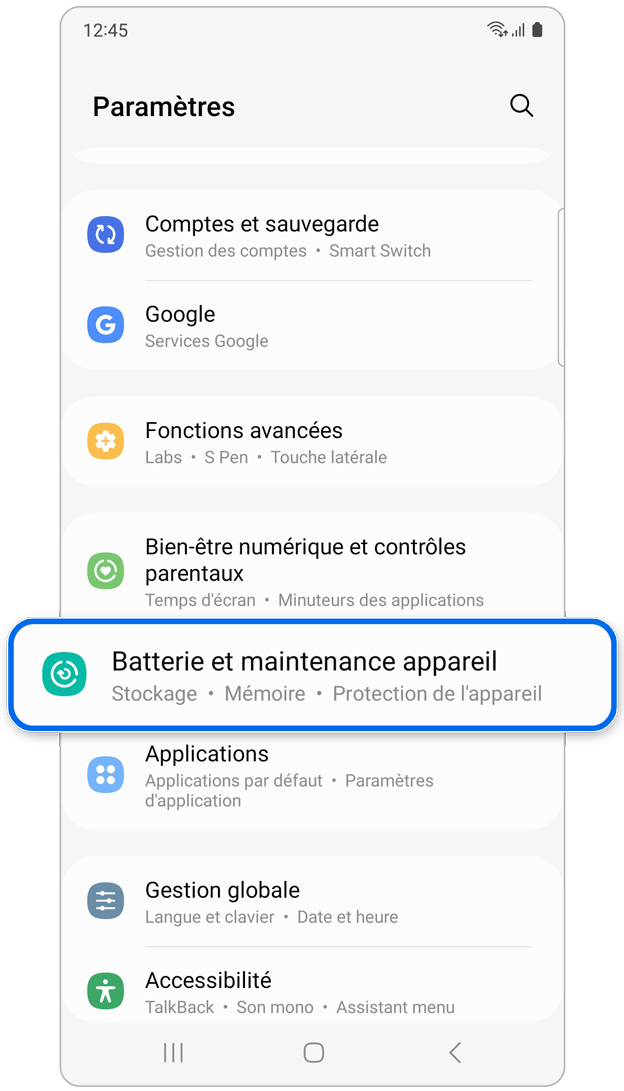 Menu des paramètres d’un appareil mobile Samsung Galaxy