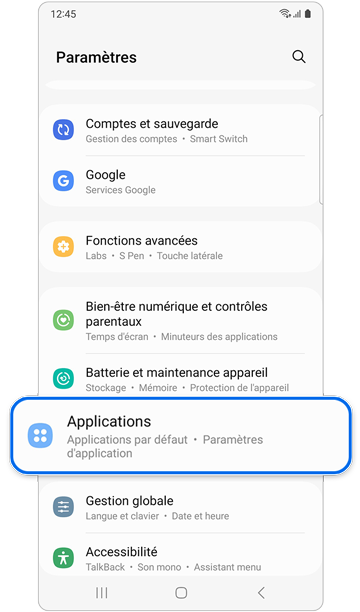 Menu des paramètres d’un appareil mobile Samsung Galaxy