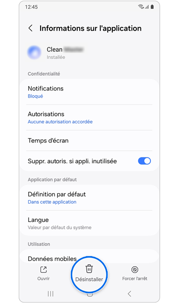 Écran d’informations sur l'application.