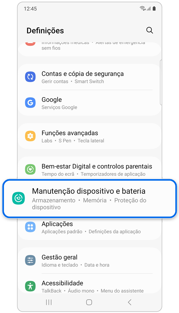 Opção de Manutenção do dispositivo em Definições.
