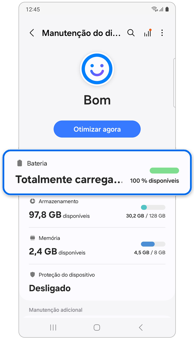 Opção Bateria em Manutenção do dispositivo.