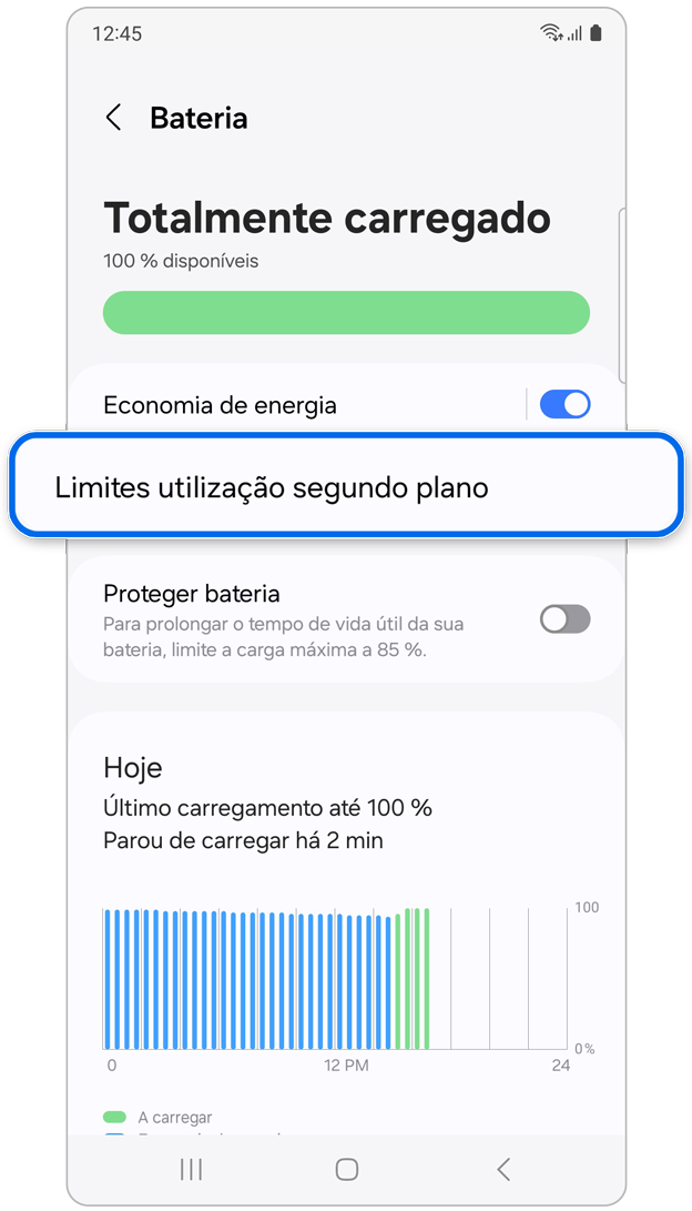 Opção Limites utilização segundo plano em Bateria