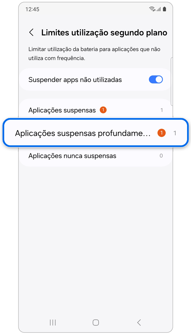 Opção Aplicações suspensas em Limites utilização segundo plano.