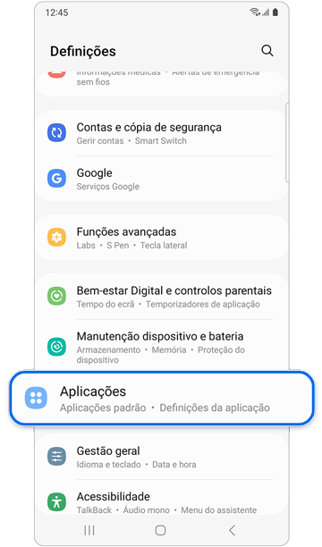Opção Aplicações em Definições.
