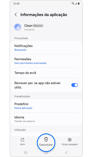 Botão Desinstalar nos dados da aplicação.