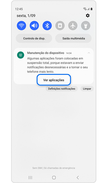 Pop-up com notificação de Manutenção do dispositivo