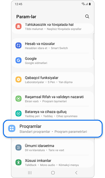 Parametrlərdə Proqramlar seçimi.