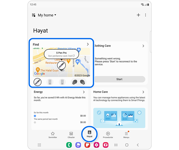 Seçilmiş SmartThings Həyat səhifəsi Find kartı ilə.