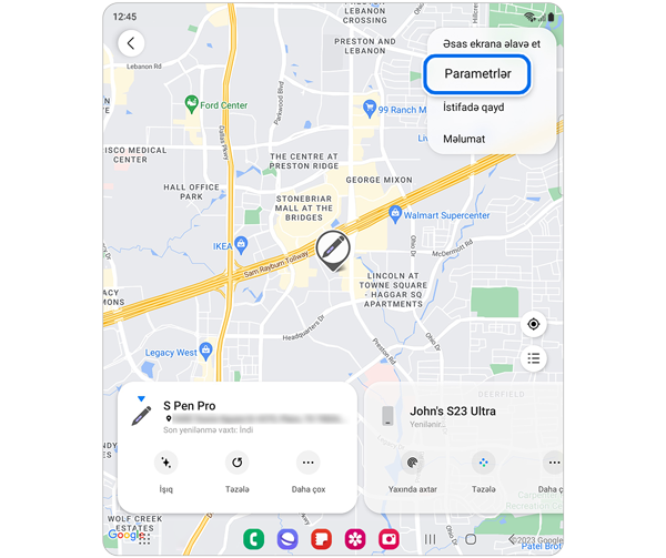 Parametrlər seçimi ilə Samsung cihazının yerlərinin xəritəsi.