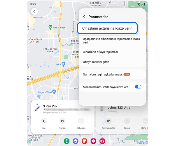 Parametrlərin açılan menyusunda çevrələnmiş cihazların tapılmasına icazə verin.