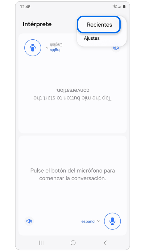 Icono de más opciones seleccionado en la aplicación de intérprete