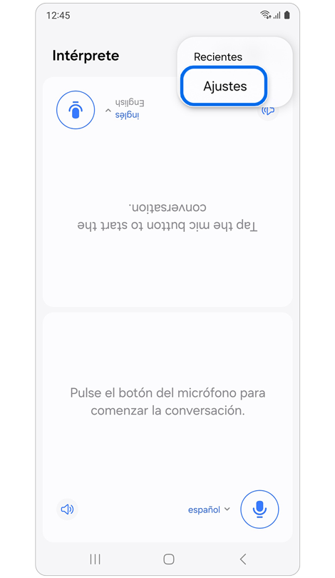 Opciones de Recientes y Ajustes en el Intérprete