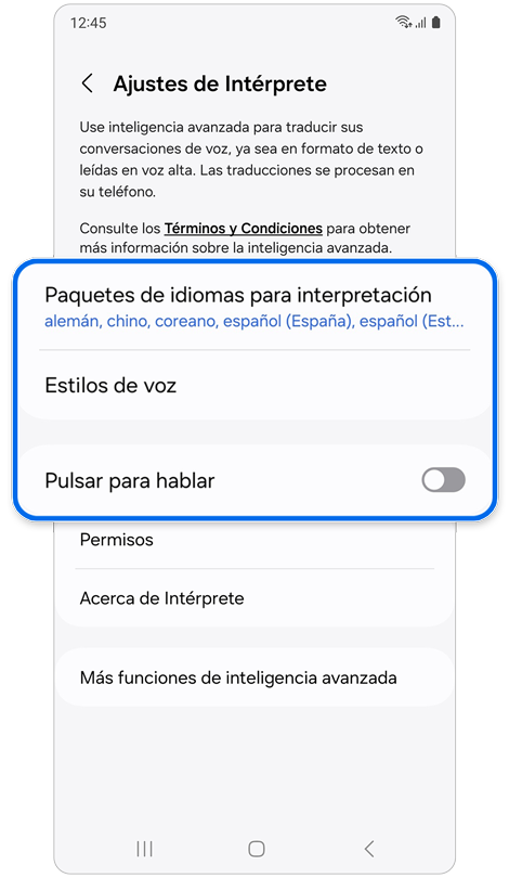Pantalla de ajustes del intérprete