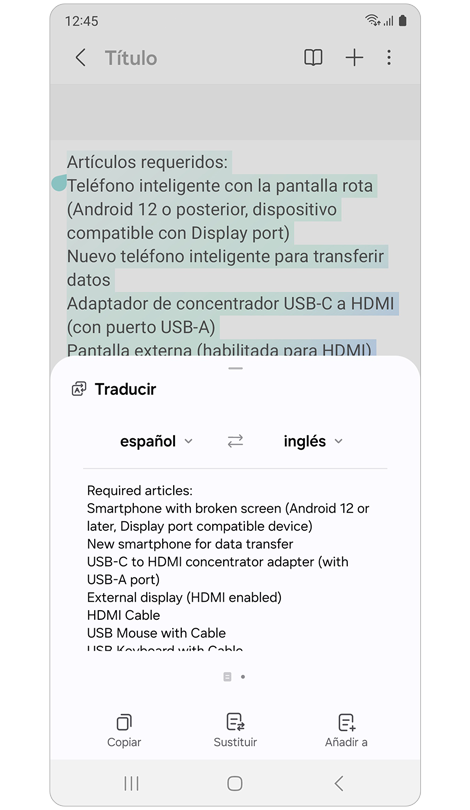 Una ventana emergente con la nota traducida al coreano