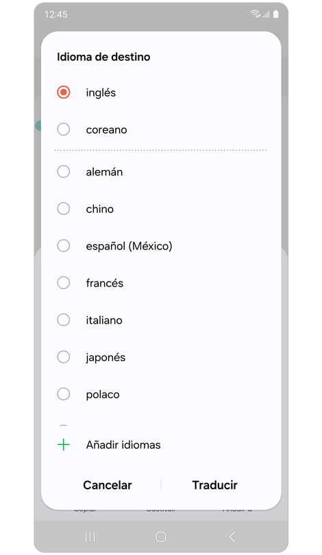 Una ventana emergente con opciones de idioma.