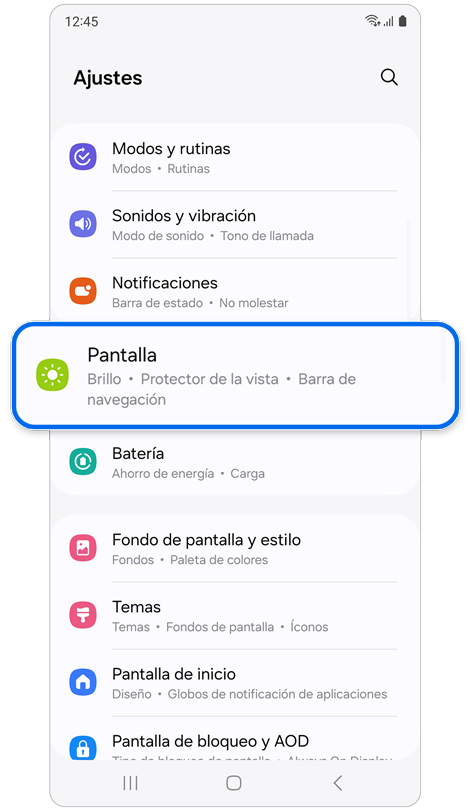 Pantalla de inicio de ajustes.