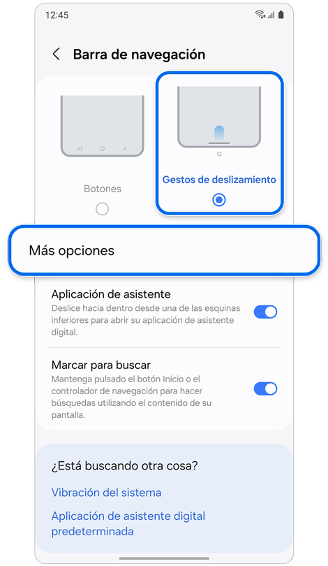 Pantalla de ajustes de la barra de navegación.
