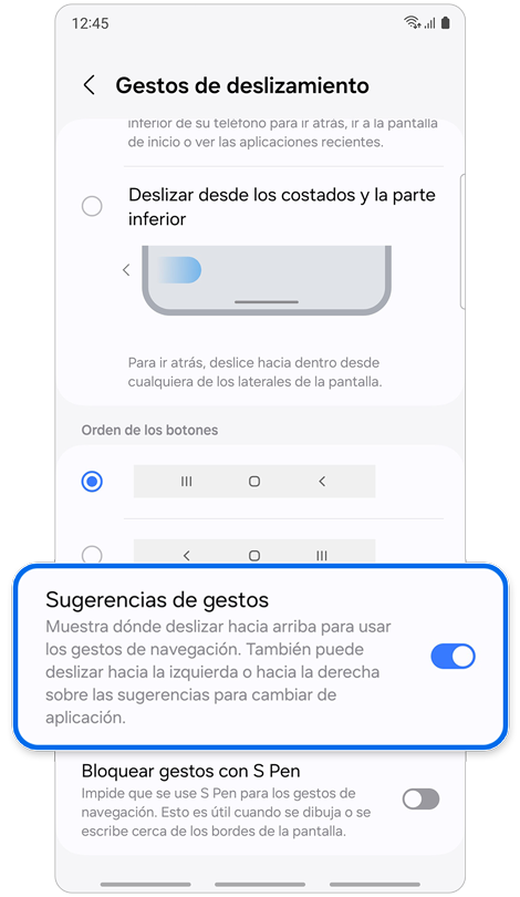 Más opciones para gestos de deslizamiento.