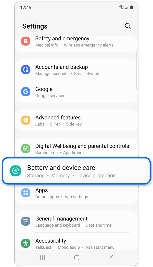 Device care app on Settings.