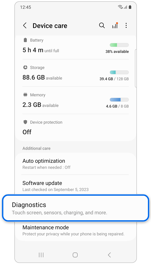 Self-diagnosis option on Device care.
