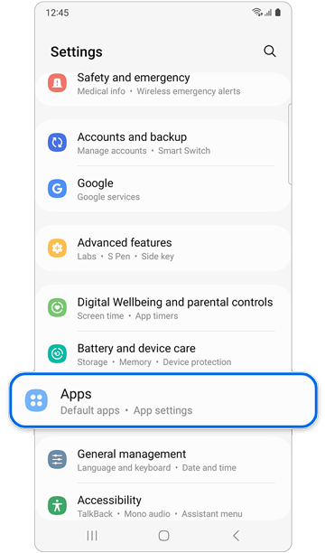 Apps option on Settings.
