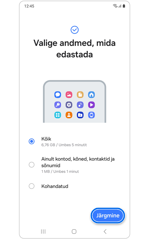 Rakenduse Smart Switch leht Valige andmed, mida edastada.