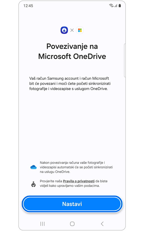 Zaslon Povezivanje s Microsoft OneDrive